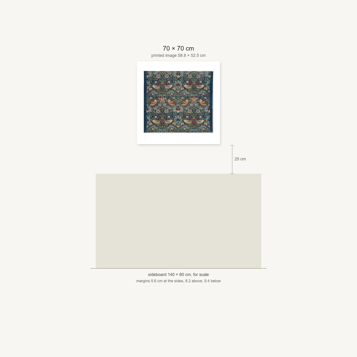 Scale diagram: the 70 × 70 cm sheet hung 25 cm above a 140 cm sideboard, printed image area 58.8 × 52.5 cm
