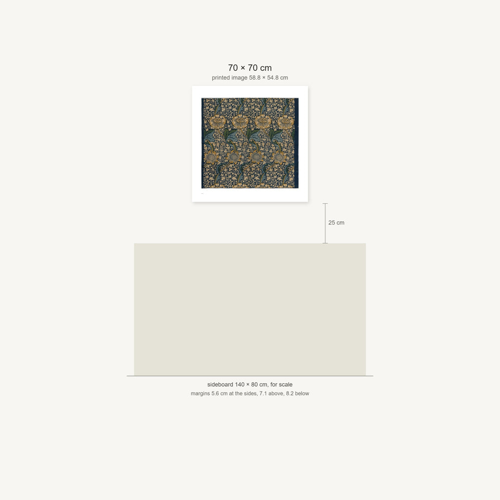 Scale diagram: the 70 × 70 cm sheet hung 25 cm above a 140 cm sideboard, printed image area 58.8 × 54.8 cm