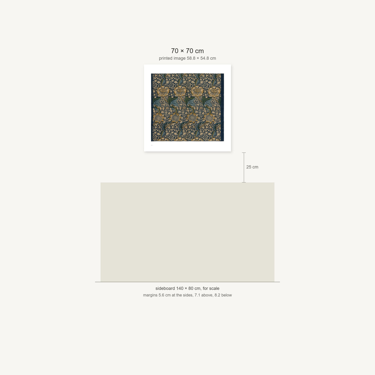 Scale diagram: the 70 × 70 cm sheet hung 25 cm above a 140 cm sideboard, printed image area 58.8 × 54.8 cm