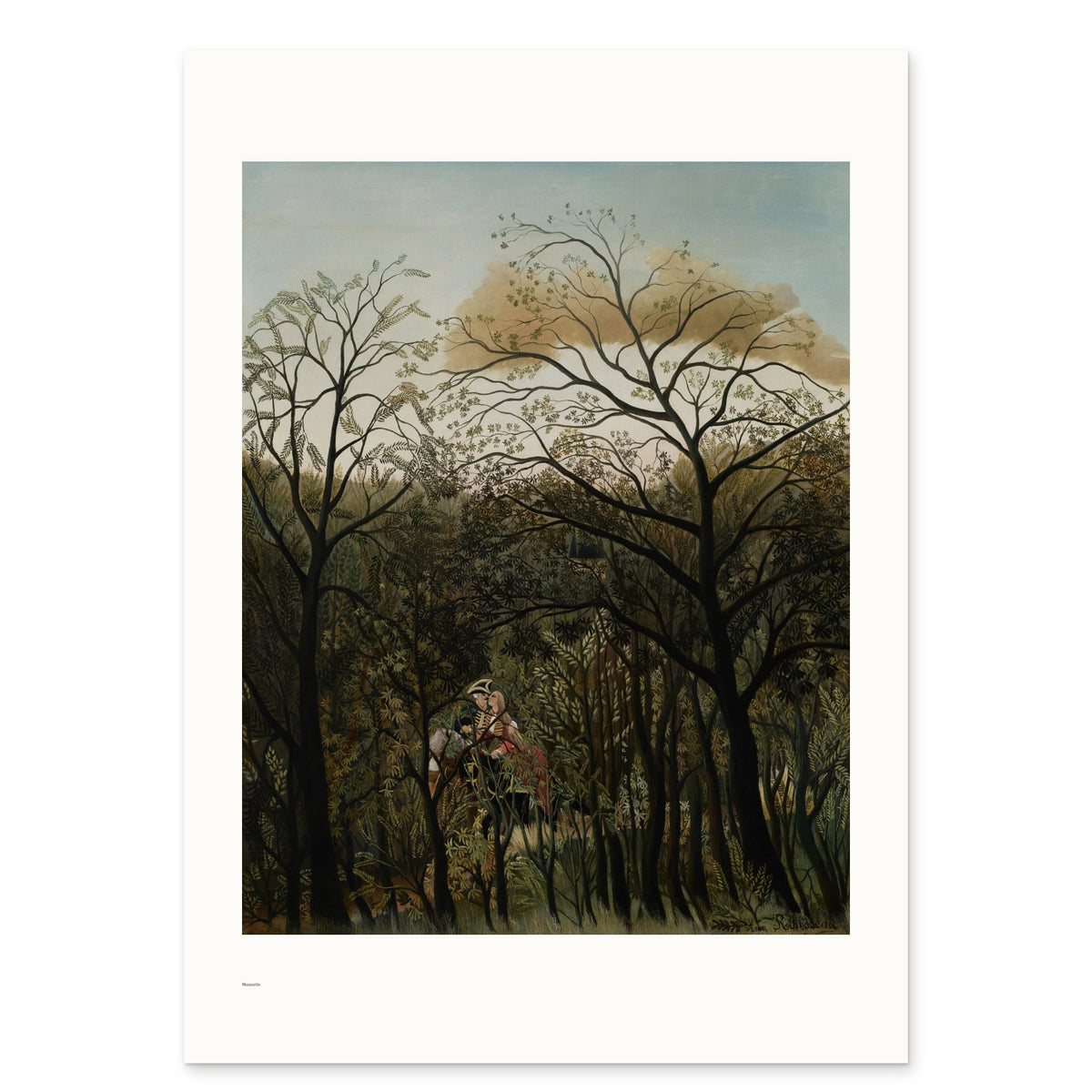 Rousseau's Rendezvous in the Forest as a 50 × 70 cm giclée print, unframed, shown flat on white, with the small Museartis signet at the lower left