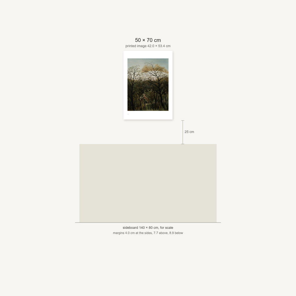 Scale diagram: the 50 × 70 cm sheet hung 25 cm above a 140 cm sideboard, printed image area 42.0 × 53.4 cm