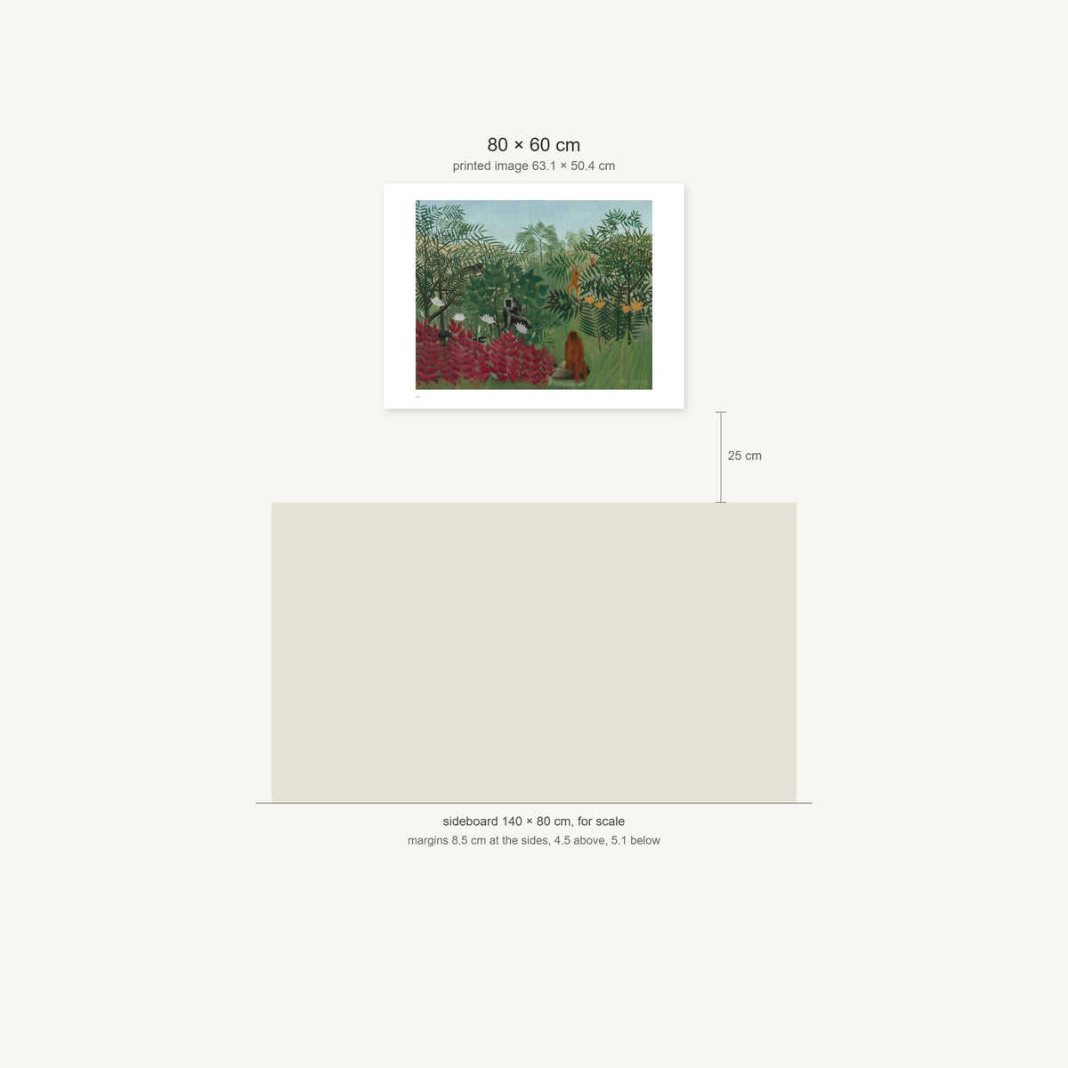 Scale diagram: the 80 × 60 cm sheet hung 25 cm above a 140 cm sideboard, printed image area 63.1 × 50.4 cm