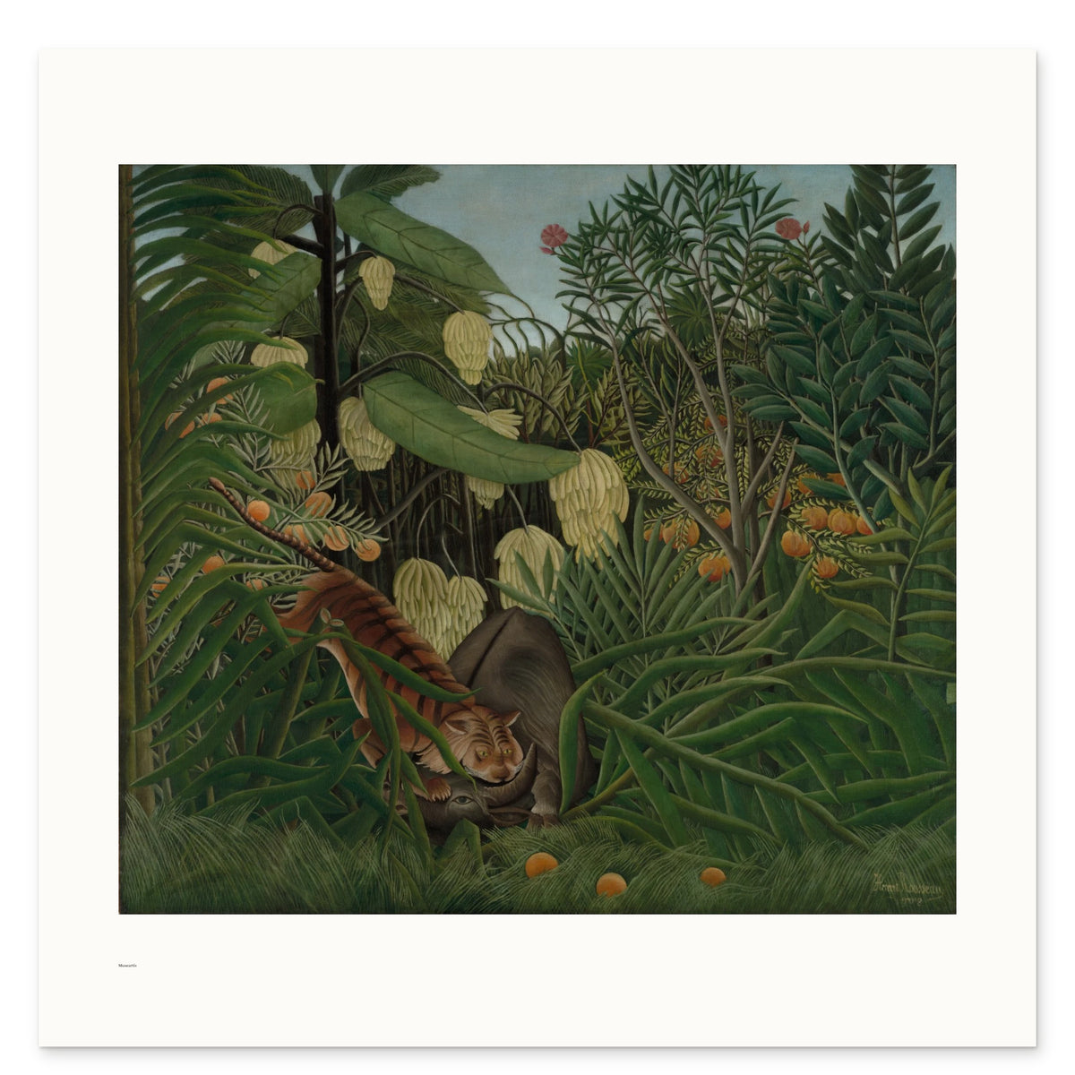 Rousseau's Fight Between a Tiger and a Buffalo as a 70 × 70 cm giclée print, unframed, shown flat on white, with the small Museartis signet at the lower left