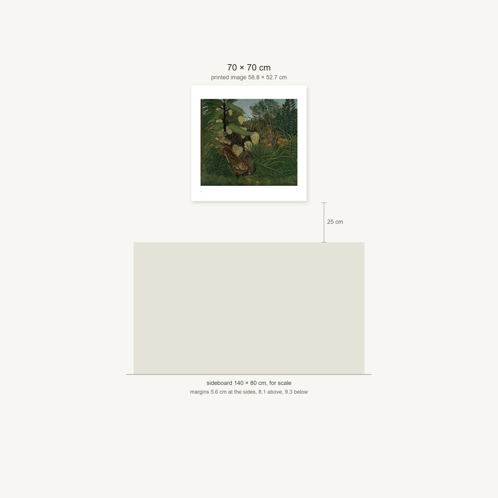 Scale diagram: the 70 × 70 cm sheet hung 25 cm above a 140 cm sideboard, printed image area 58.8 × 52.7 cm
