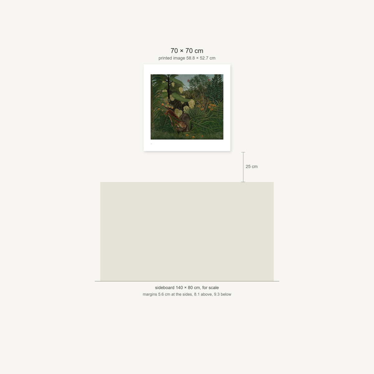 Scale diagram: the 70 × 70 cm sheet hung 25 cm above a 140 cm sideboard, printed image area 58.8 × 52.7 cm