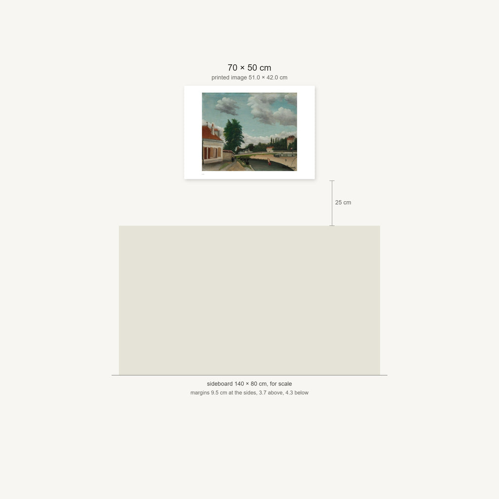 Scale diagram: the 70 × 50 cm sheet hung 25 cm above a 140 cm sideboard, printed image area 51.0 × 42.0 cm