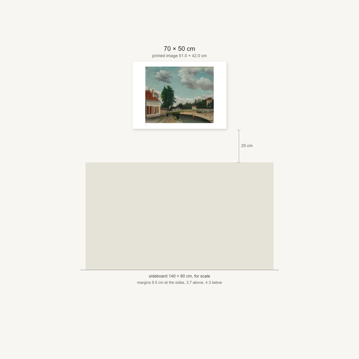 Scale diagram: the 70 × 50 cm sheet hung 25 cm above a 140 cm sideboard, printed image area 51.0 × 42.0 cm