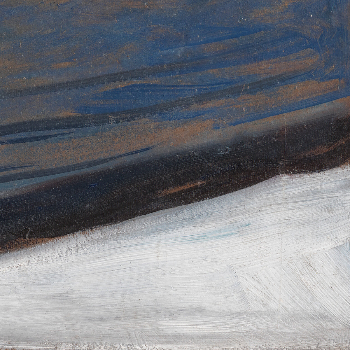 Detail at original size: the fjord edge and the snow, with the bare cardboard showing through