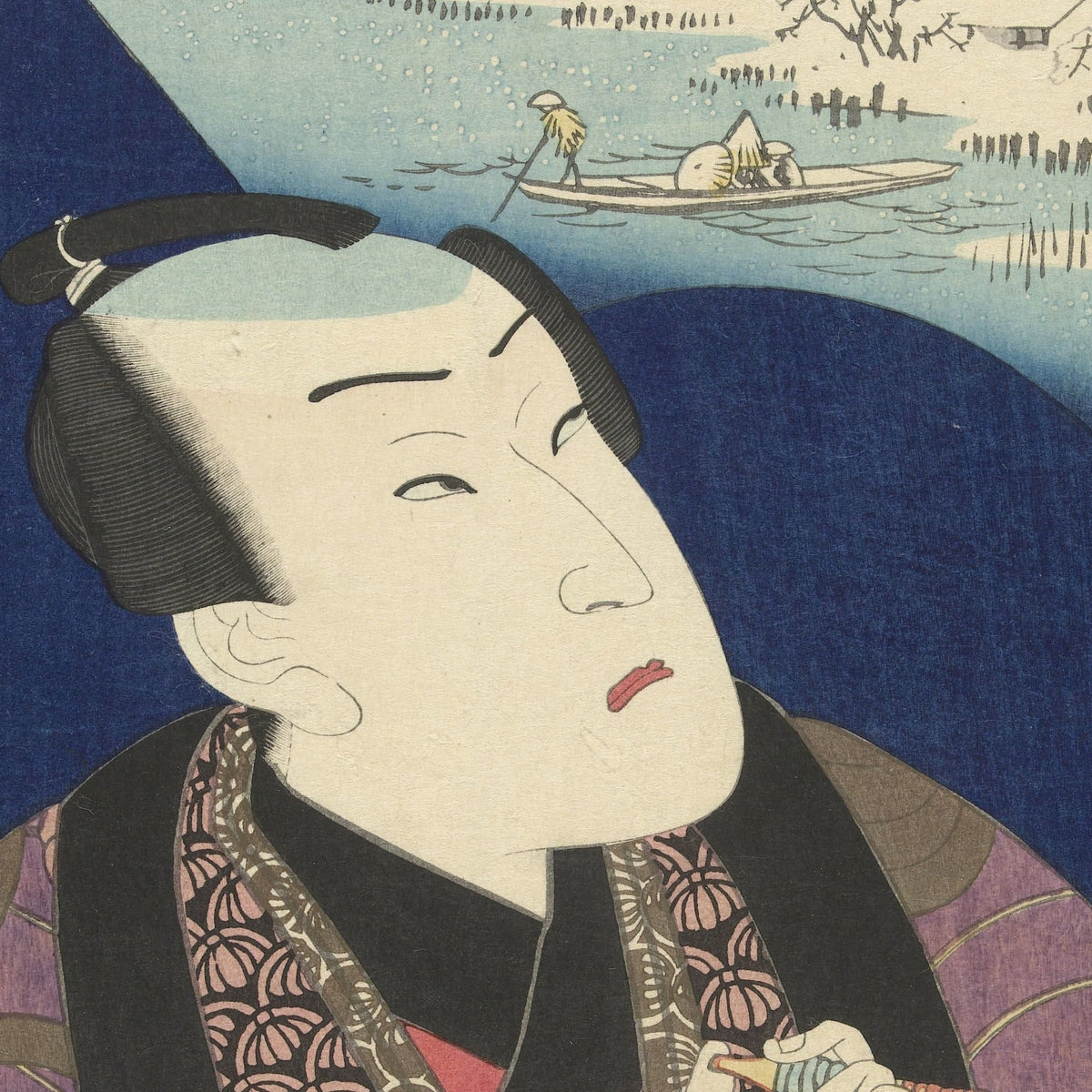 Detail at actual print size: the man's face and, above him, the boat in the falling snow inside the fan cartouche