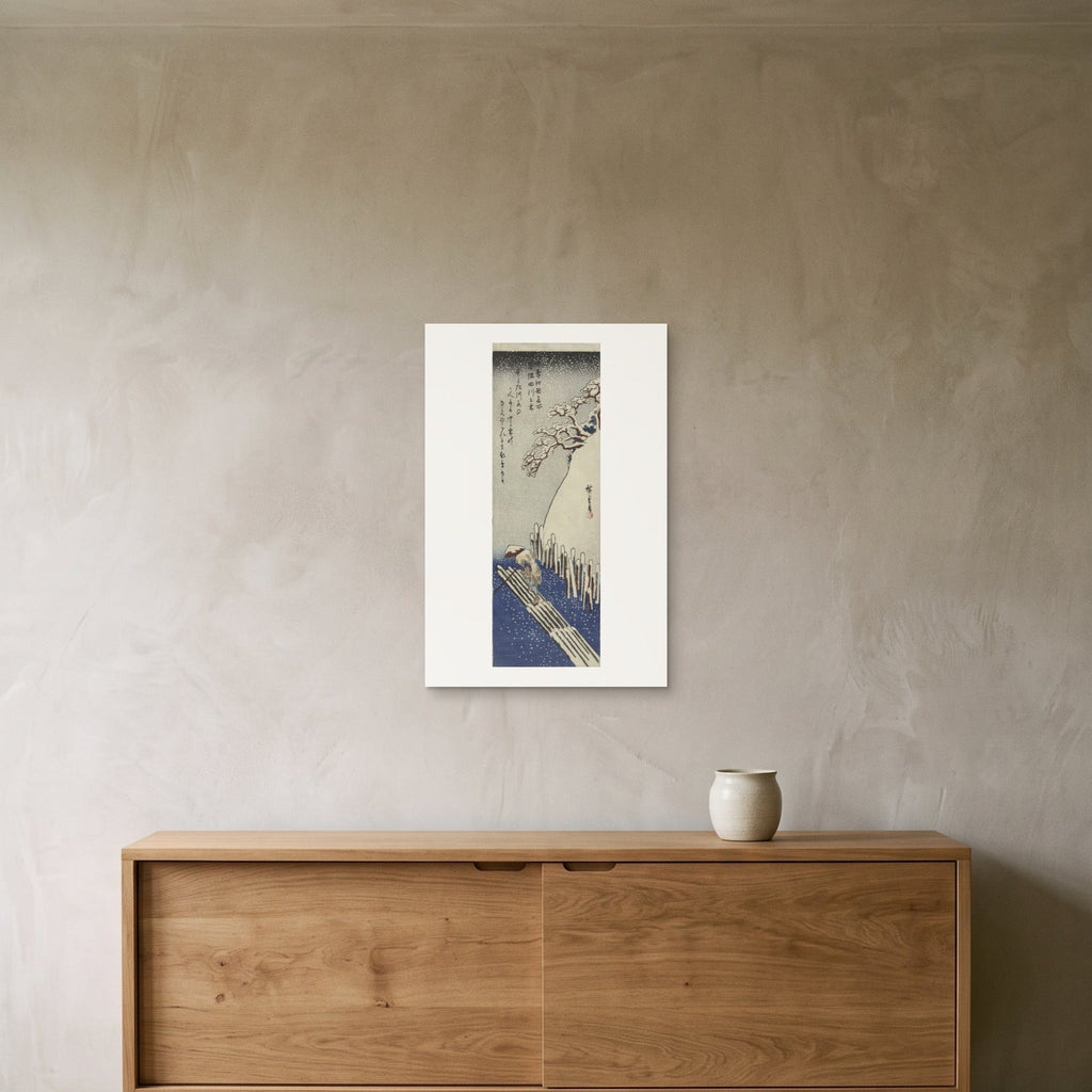 Snow on the Sumida River as a 40 × 60 cm giclée print, unframed, hung 25 cm above a 140 cm sideboard