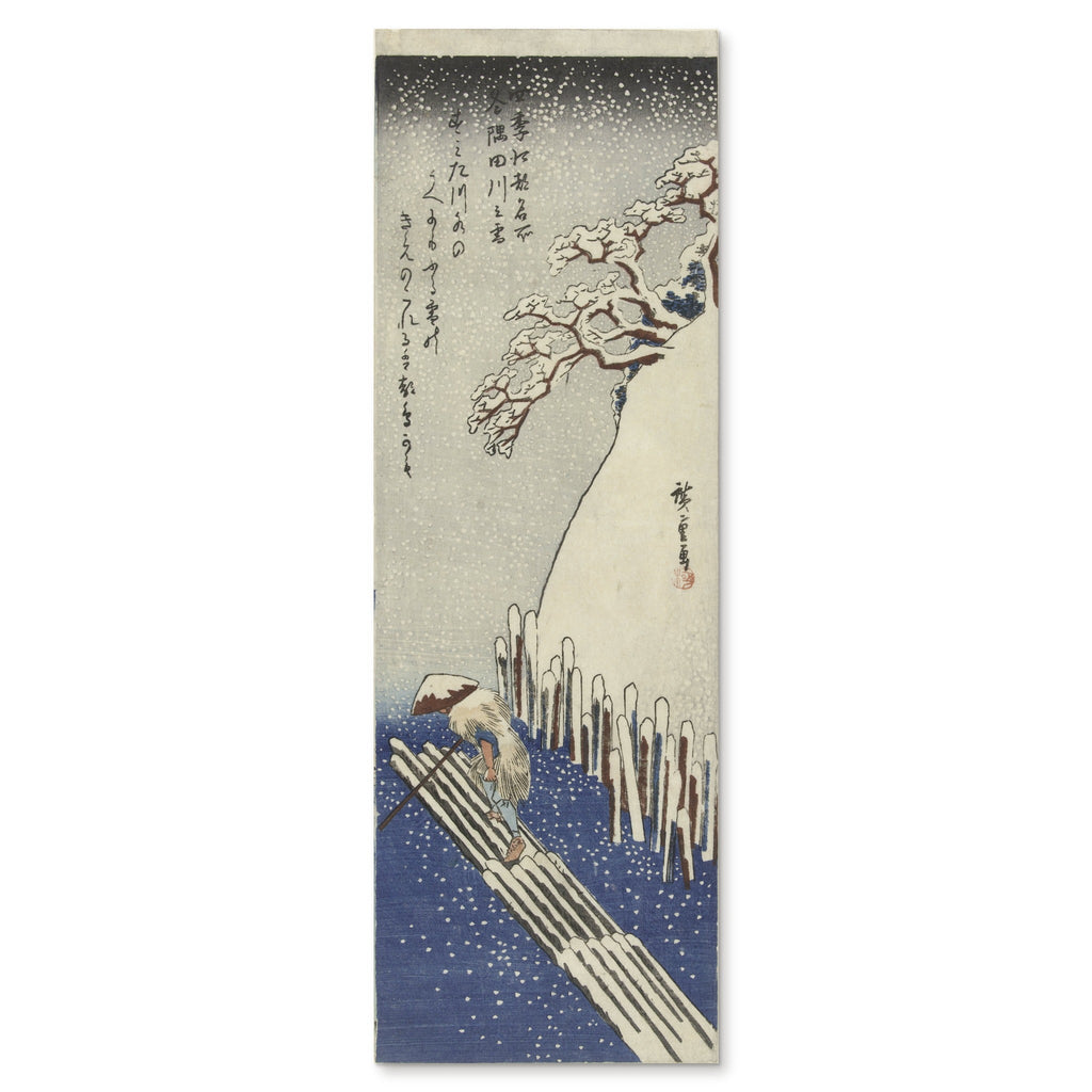 Utagawa Hiroshige, Winter: Snow on the Sumida River, 1833–38 — the full ōtanzaku sheet reproduced as a giclée print