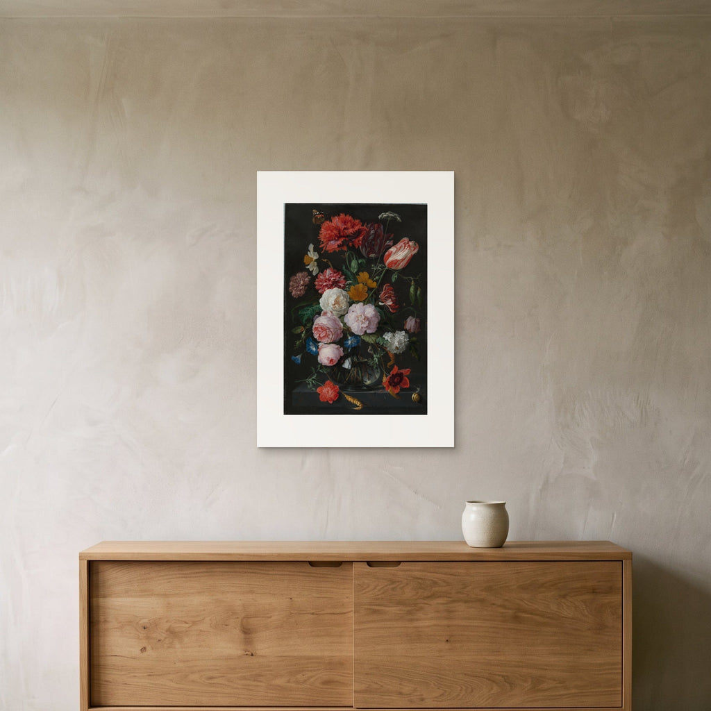 De Heem's flower still life as a 50 × 70 cm giclée print, unframed, hung 25 cm above a 140 cm sideboard