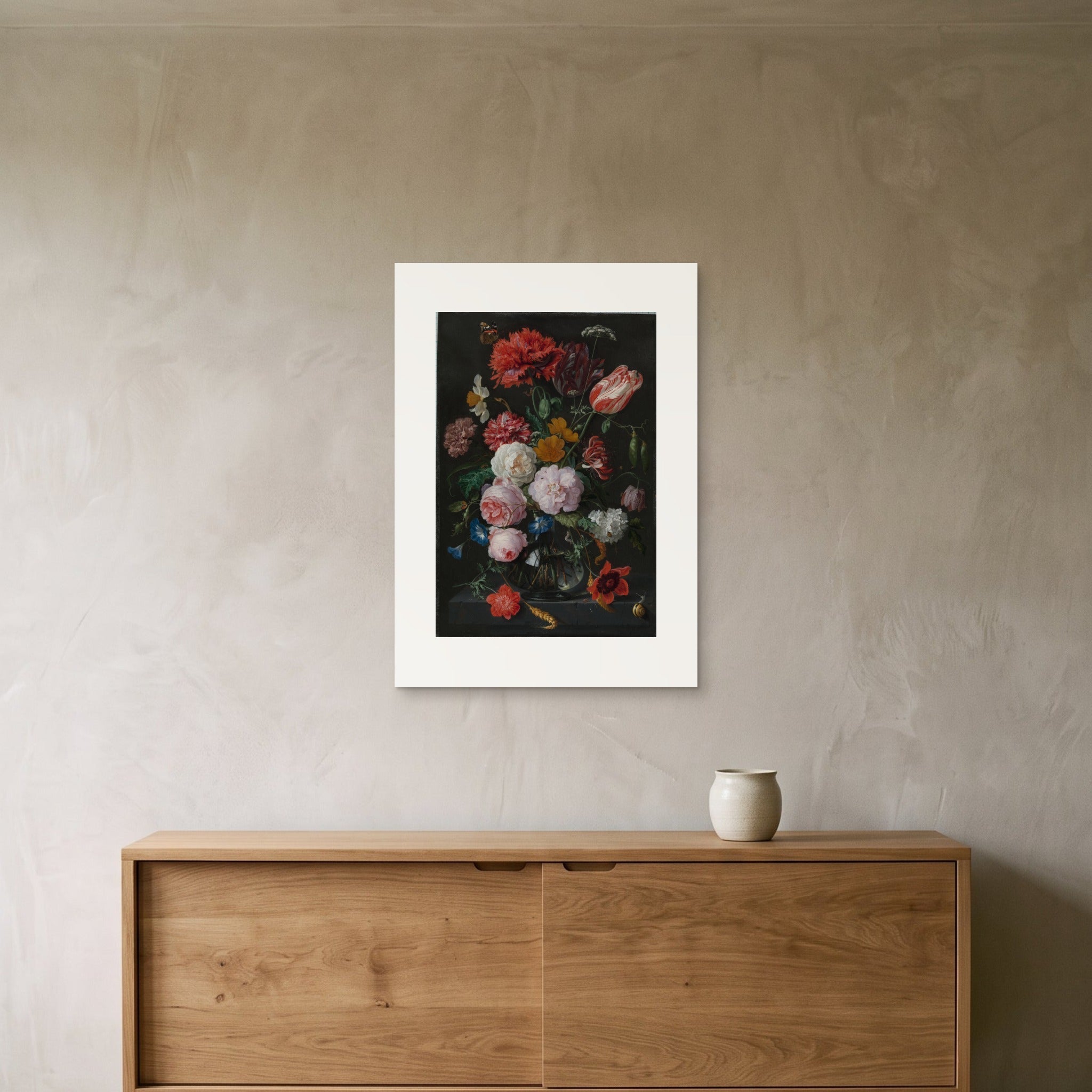 De Heem's flower still life as a 50 × 70 cm giclée print, unframed, hung 25 cm above a 140 cm sideboard