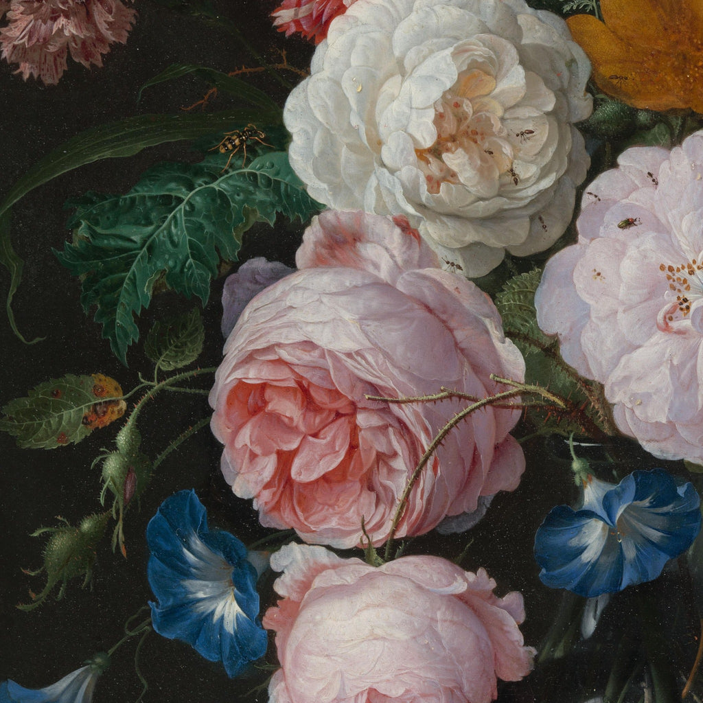 Detail at actual print size: roses, morning glories and an insect on the leaf, in the paint of the copper panel