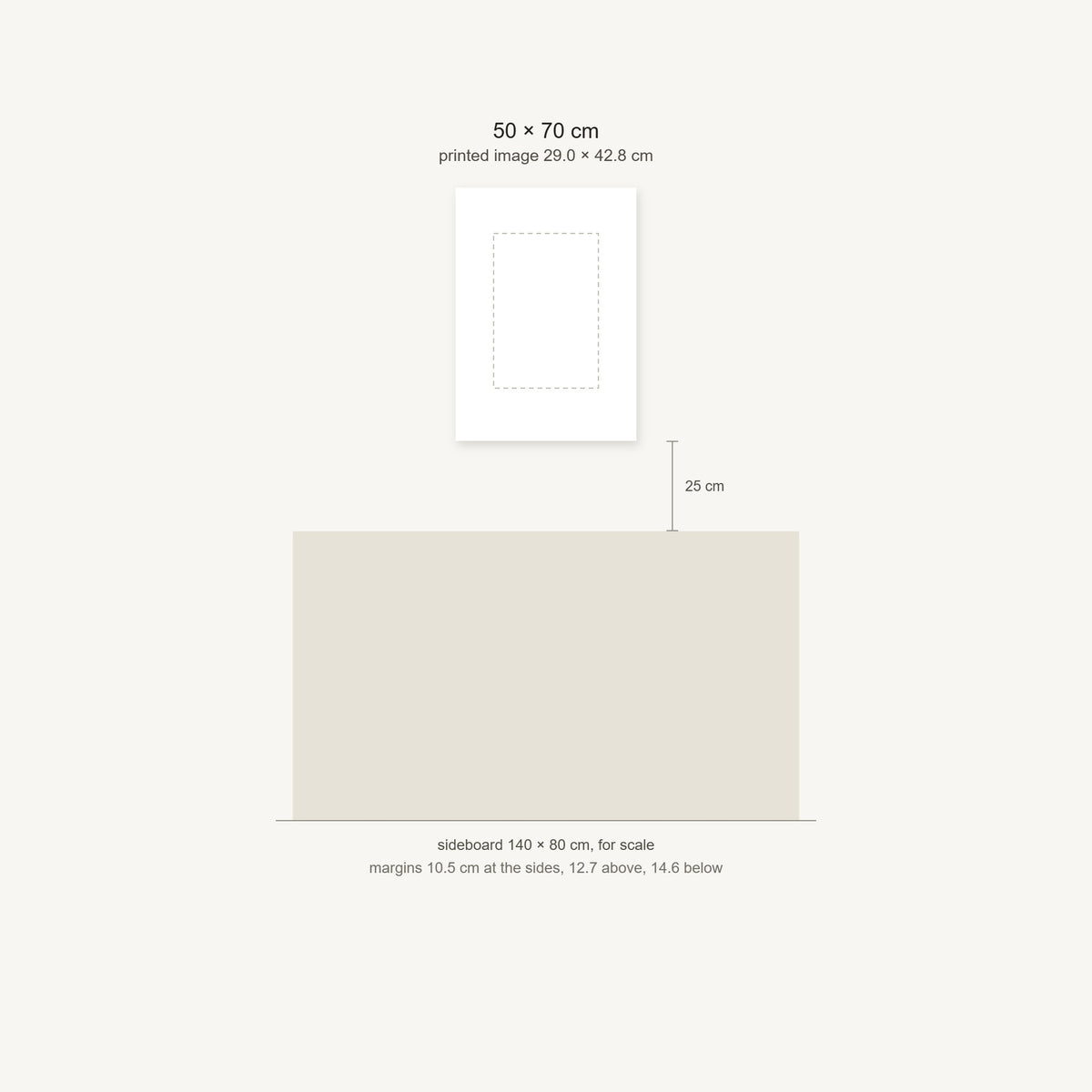 Scale diagram: the 50 × 70 cm sheet hung 25 cm above a 140 cm sideboard, printed image area 29.0 × 42.8 cm