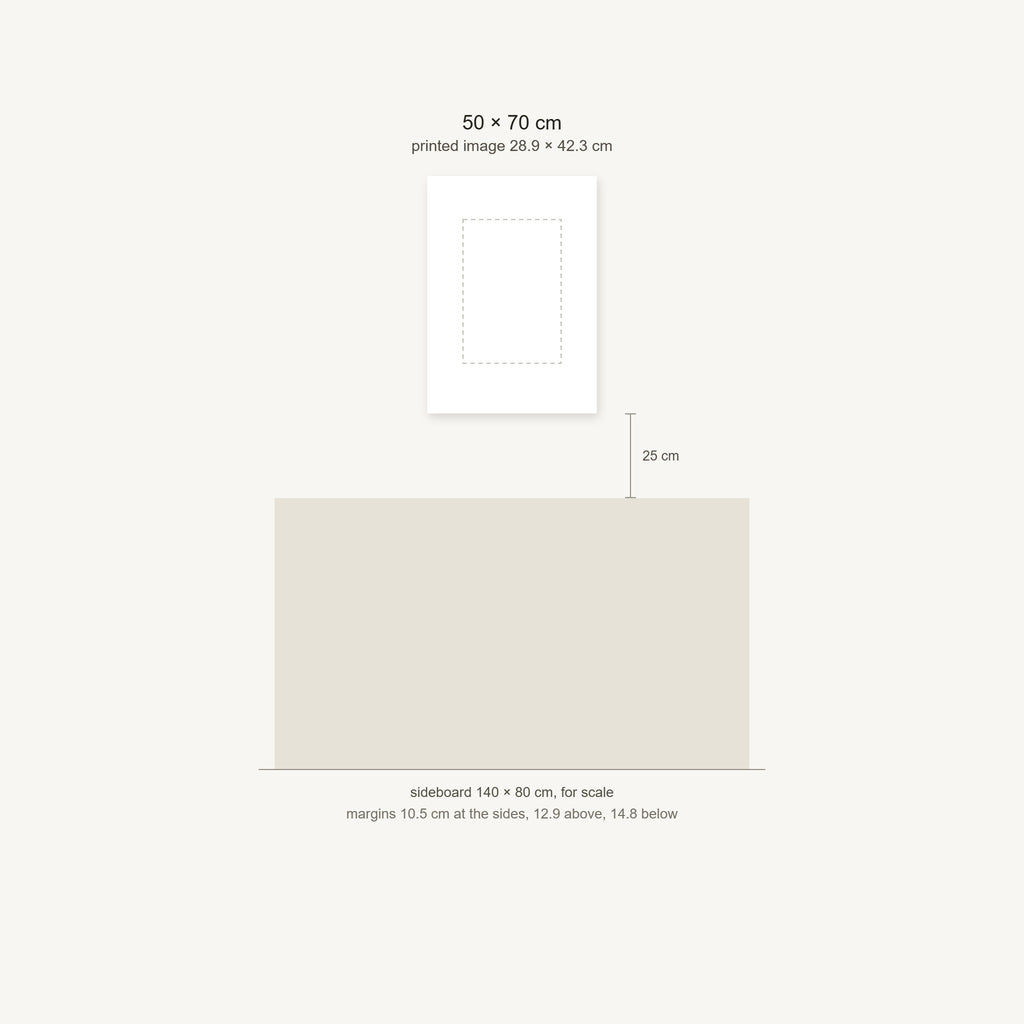 Scale diagram: the 50 × 70 cm sheet hung 25 cm above a 140 cm sideboard, printed image area 28.9 × 42.3 cm