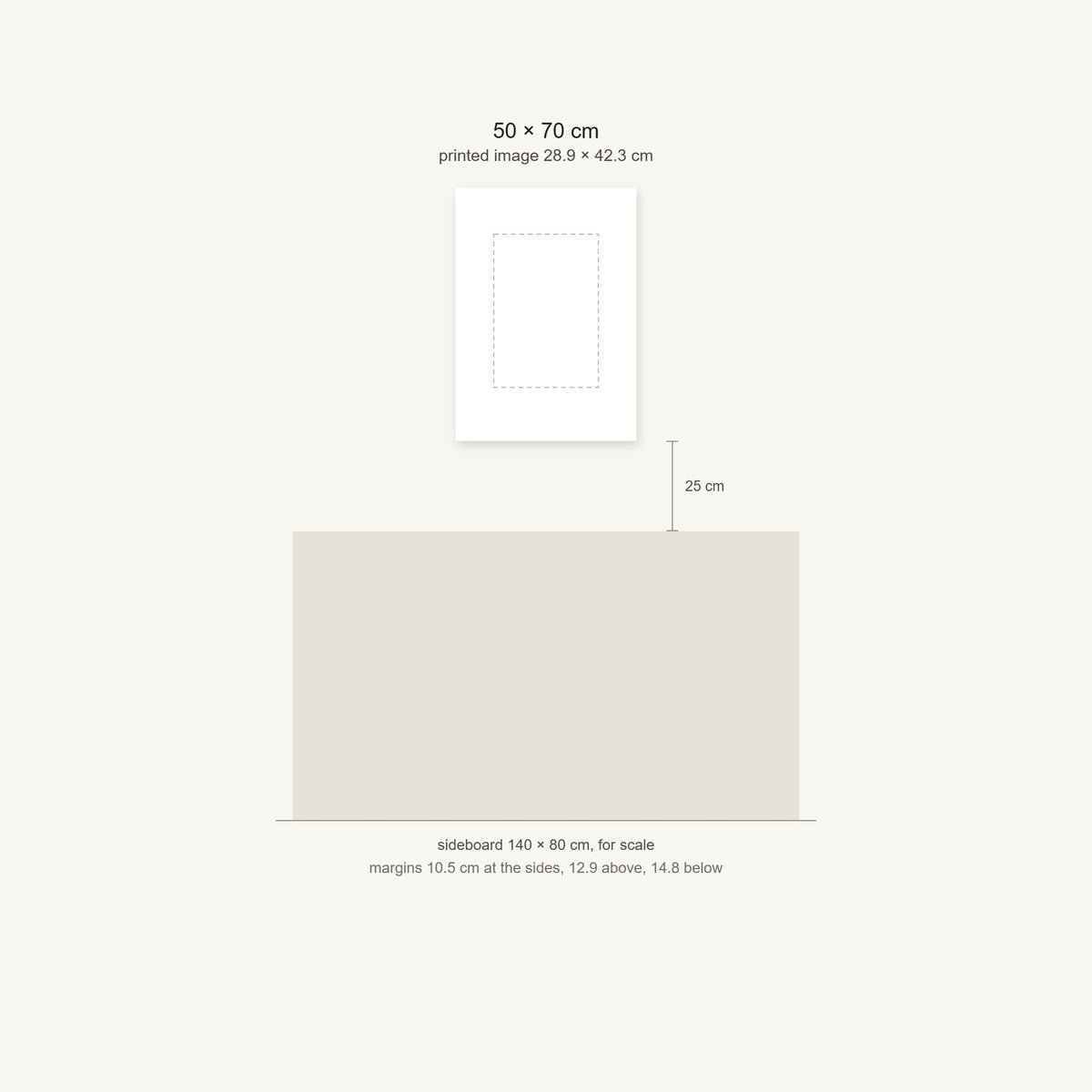 Scale diagram: the 50 × 70 cm sheet hung 25 cm above a 140 cm sideboard, printed image area 28.9 × 42.3 cm