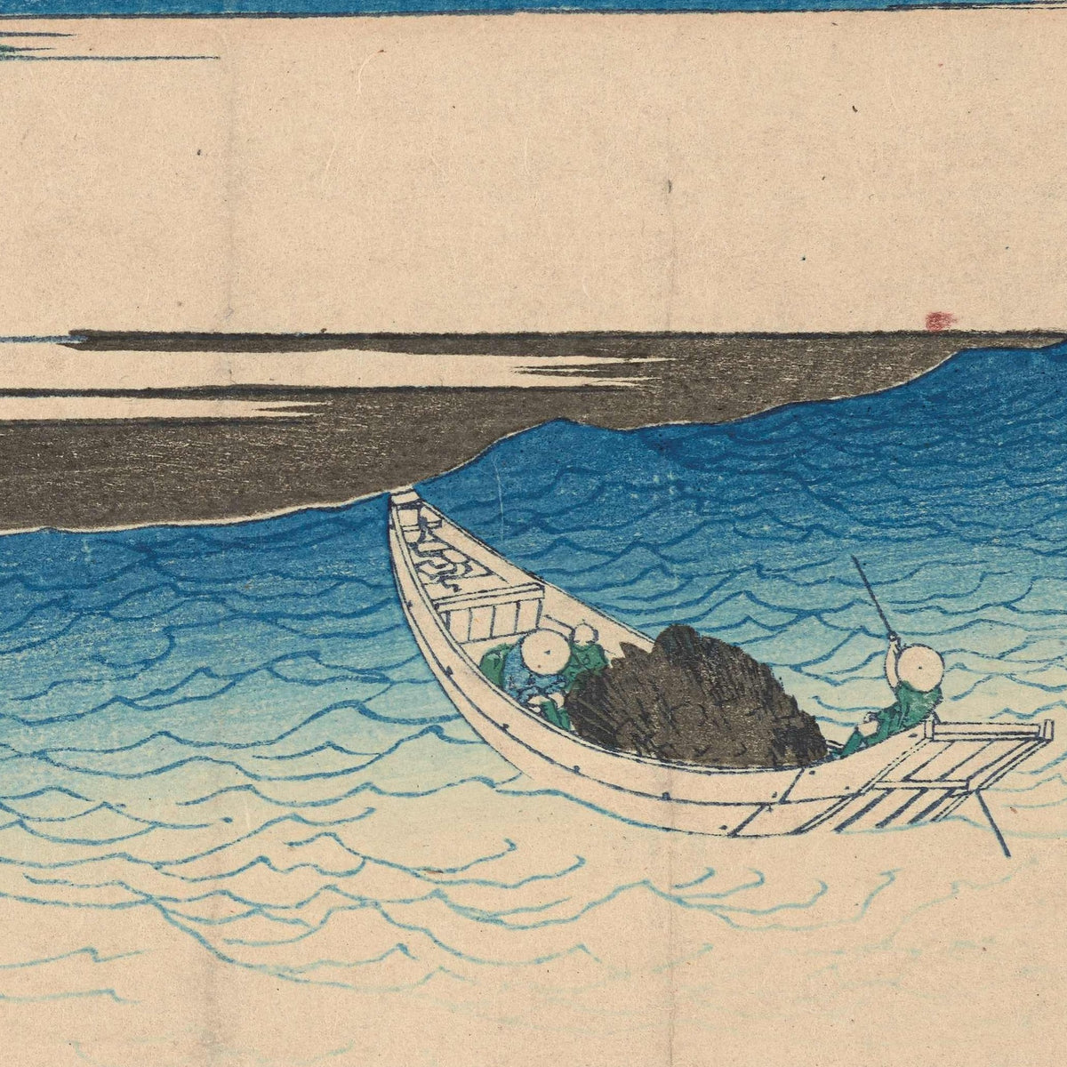 Detail at printed size on the 70 × 50 cm sheet: the ferry with its passengers and cargo, the waves cut in blue