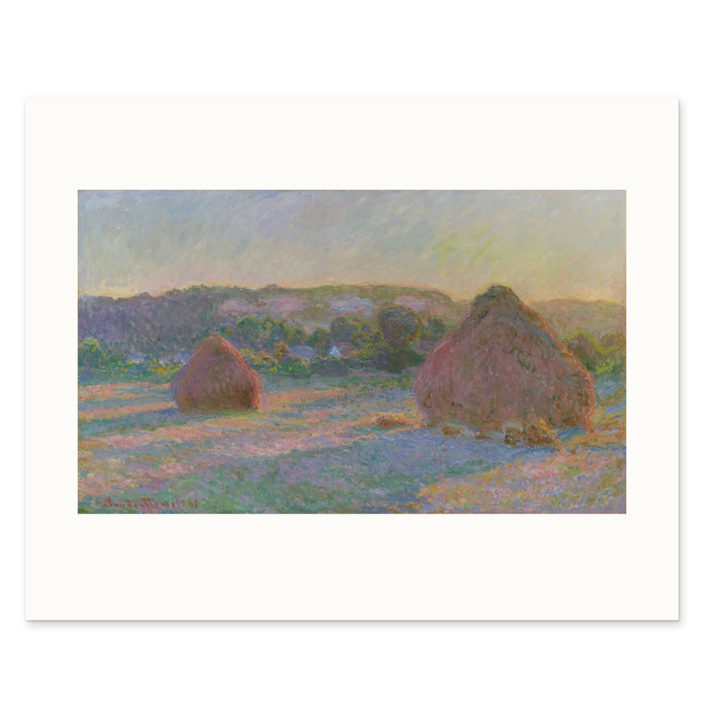 The 50 × 40 cm sheet as printed: Monet's wheatstacks 42.00 × 24.82 cm on white paper, 4.00 cm margins at the sides, 7.05 above and 8.13 below