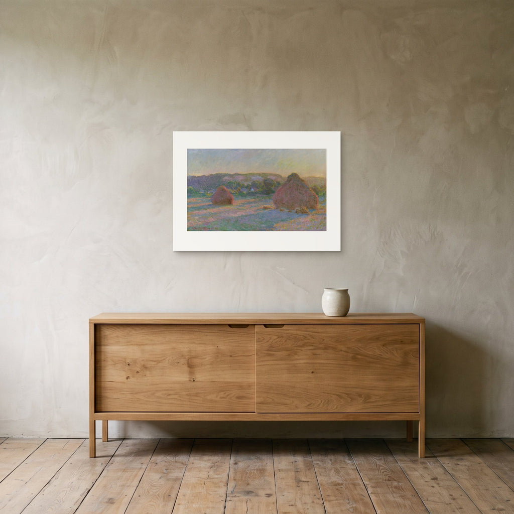 Monet, Stacks of Wheat (End of Summer) — the 70 × 50 cm print hung above an oak sideboard
