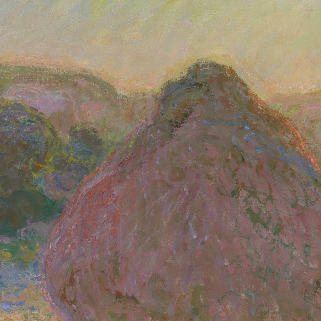 Detail at print size: the top of the larger stack breaking the line of trees and pushing into a hazy pink sky