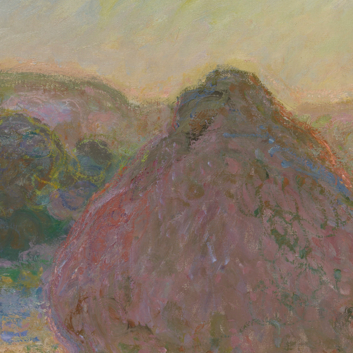 Detail at print size: the top of the larger stack breaking the line of trees and pushing into a hazy pink sky