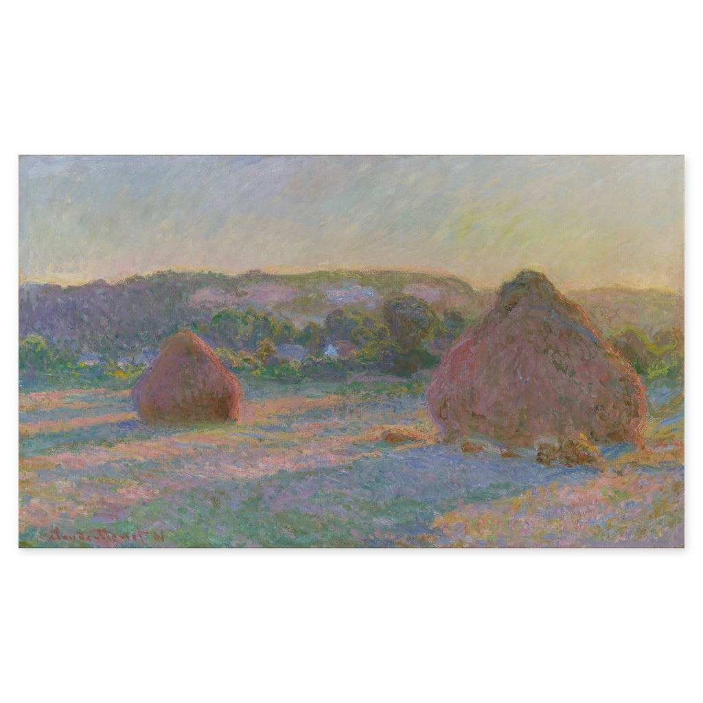 Claude Monet, Stacks of Wheat (End of Summer), 1890–91 — the canvas reproduced whole: two stacks of wheat in a stubble field at Giverny, poplars and village roofs behind, the shadows blue in late-summer light