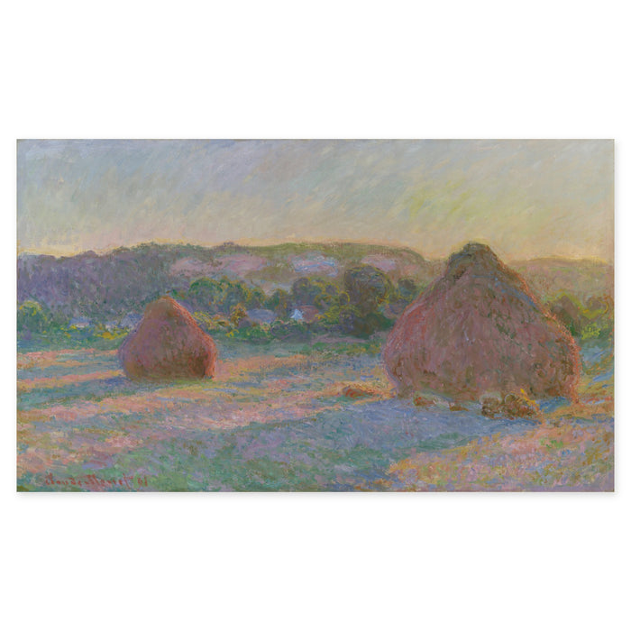 Claude Monet, Stacks of Wheat (End of Summer), 1890–91 — the canvas reproduced whole: two stacks of wheat in a stubble field at Giverny, poplars and village roofs behind, the shadows blue in late-summer light
