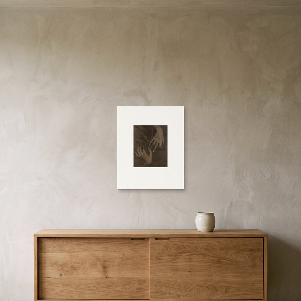 Stieglitz, Hands and Thimble — the 40 × 50 cm print hung above an oak sideboard