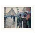 The 50 × 40 cm sheet as printed: Caillebotte's street 42.00 × 32.61 cm on white paper, 4.00 cm margins at the sides, 3.44 above and 3.95 below