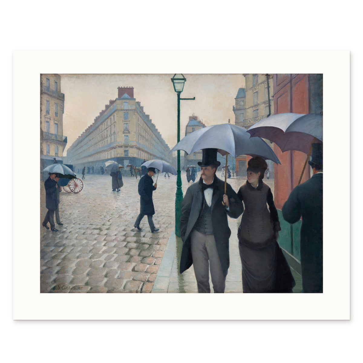 The 50 × 40 cm sheet as printed: Caillebotte's street 42.00 × 32.61 cm on white paper, 4.00 cm margins at the sides, 3.44 above and 3.95 below