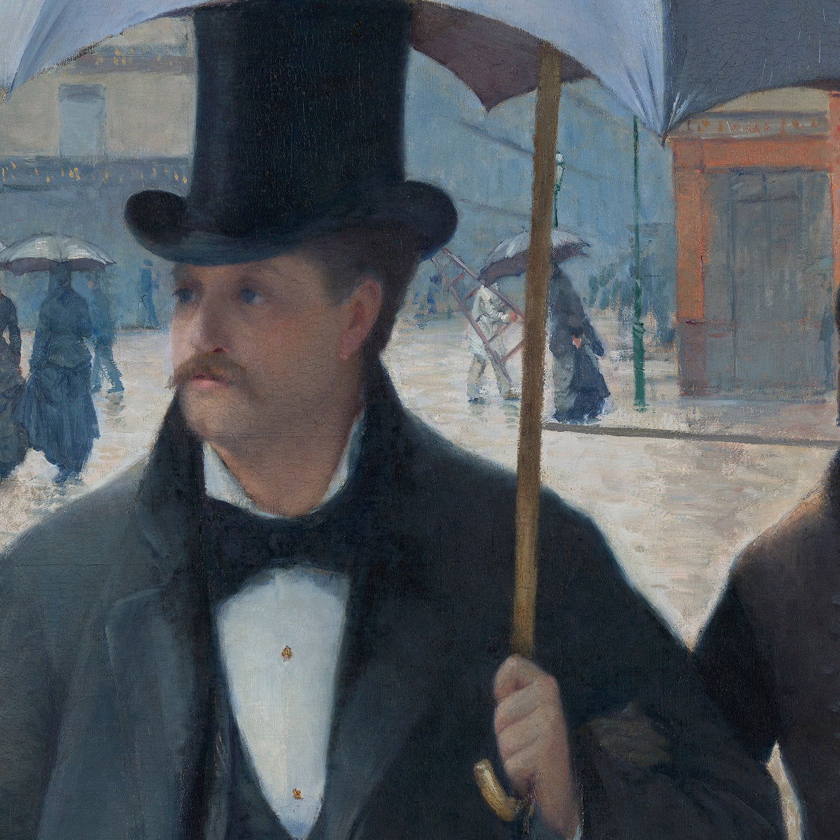 Detail at print size: the man in the top hat under the shared umbrella, with figures and umbrellas crossing the square behind him