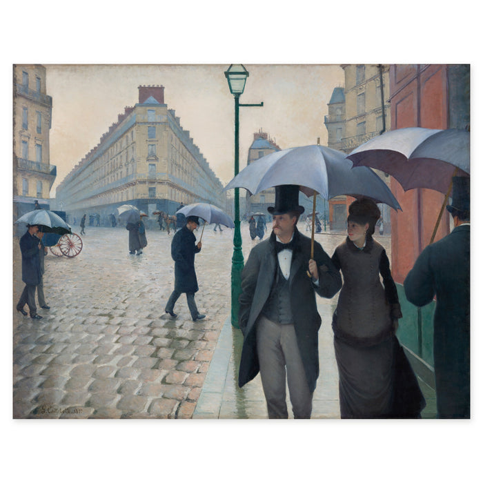 Gustave Caillebotte, Paris Street; Rainy Day, 1877 — the canvas reproduced whole: a Paris crossroads in the rain, a couple under one umbrella in the foreground, a gas lamp in the centre and wet cobbles running back to a wedge-shaped apartment block