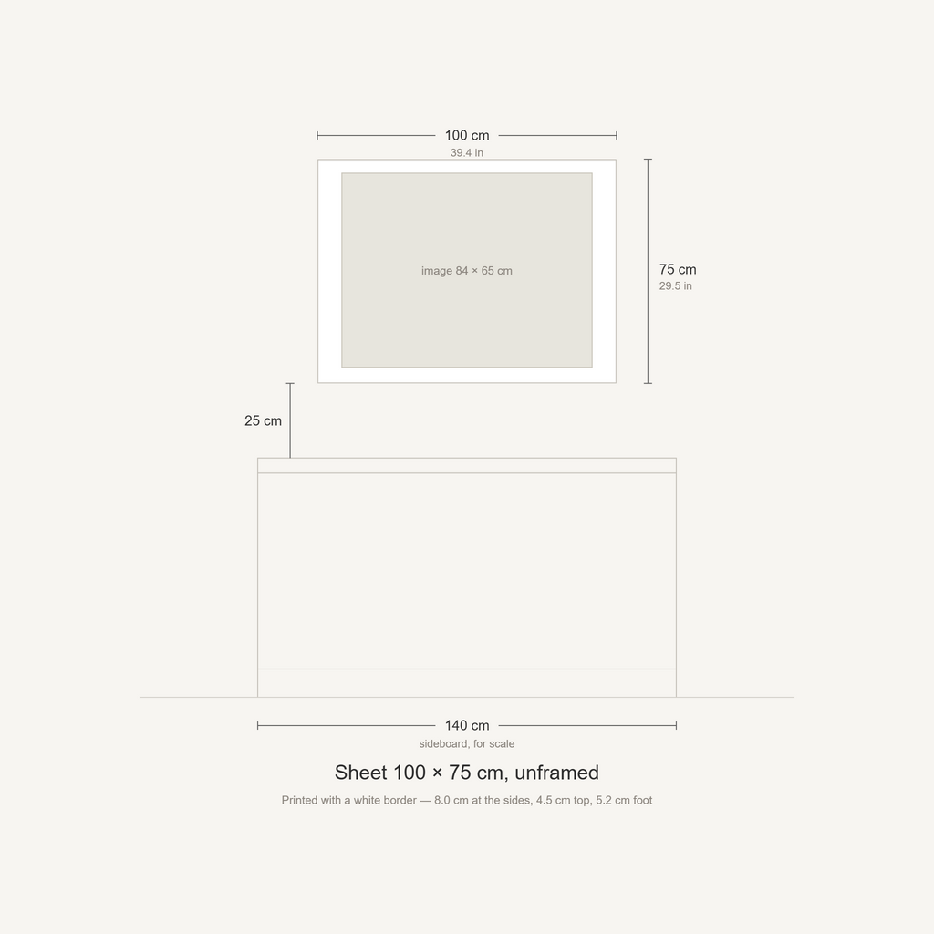 Scale diagram: the 100 × 75 cm sheet hung 25 cm above a 140 cm sideboard, printed image area 84 × 65 cm