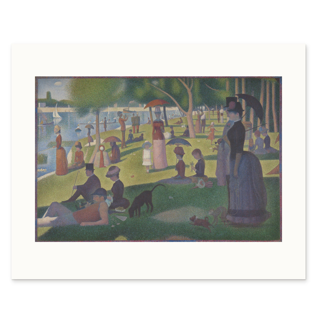 The 50 × 40 cm sheet as printed: Seurat's Grande Jatte 42.00 × 28.14 cm on white paper, 4.00 cm margins at the sides, 5.51 above and 6.34 below