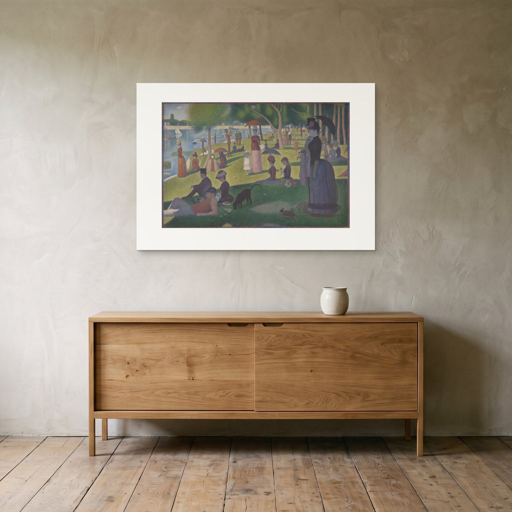 Seurat, A Sunday on La Grande Jatte — the 100 × 70 cm print hung above an oak sideboard
