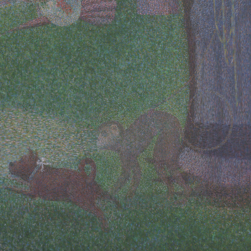 Detail at print size: the running pug and the monkey on its leash, built from dots and dashes of colour on the green of the grass