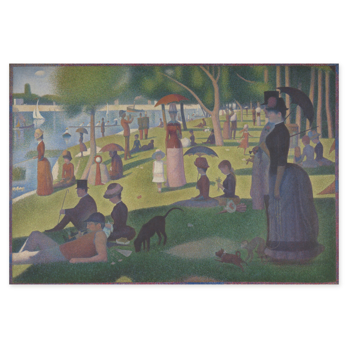 Georges Seurat, A Sunday on La Grande Jatte — 1884, 1884–86 — the canvas reproduced whole with its painted border: Parisians resting on a grassy island in the Seine, a couple with a monkey on a leash on the right, boats on the water