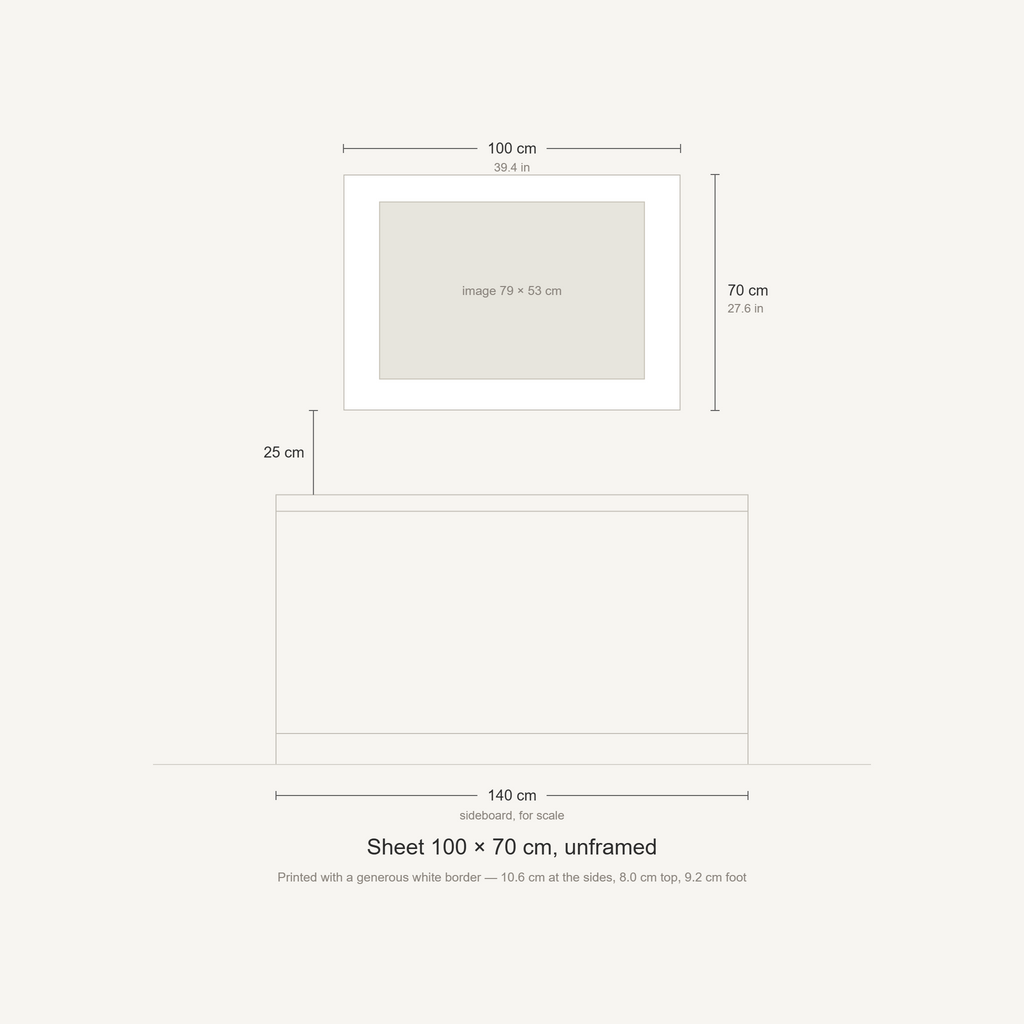 Scale diagram: the 100 × 70 cm sheet hung 25 cm above a 140 cm sideboard, printed image area 79 × 53 cm