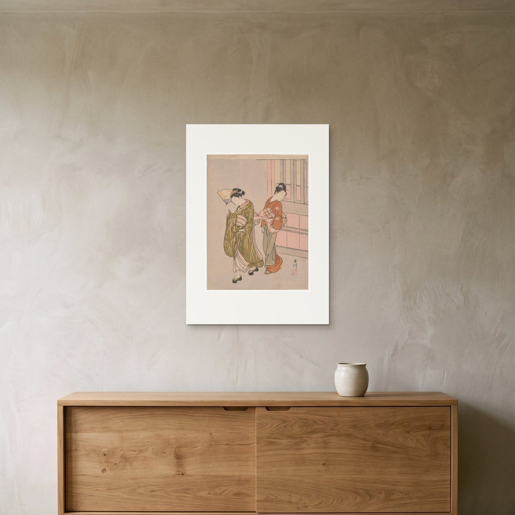 Harunobu, A Folding Fan: Clear Day — the 50 × 70 cm print hung above a sideboard, for scale