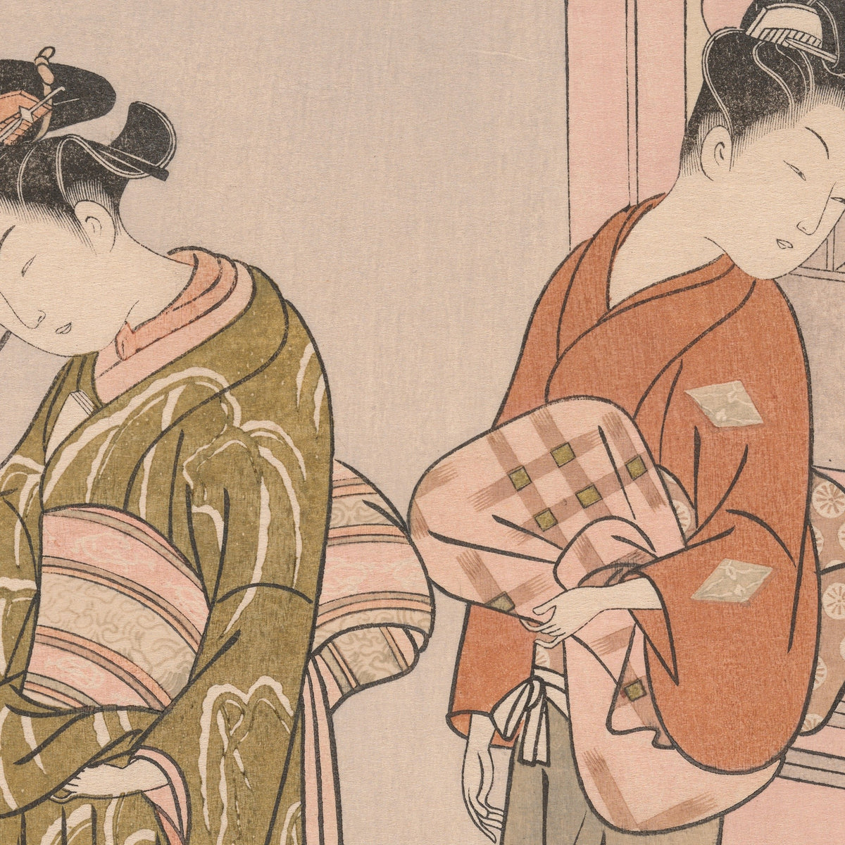 Detail at actual print size on the 50 × 70 cm sheet: Harunobu, A Folding Fan: Clear Day