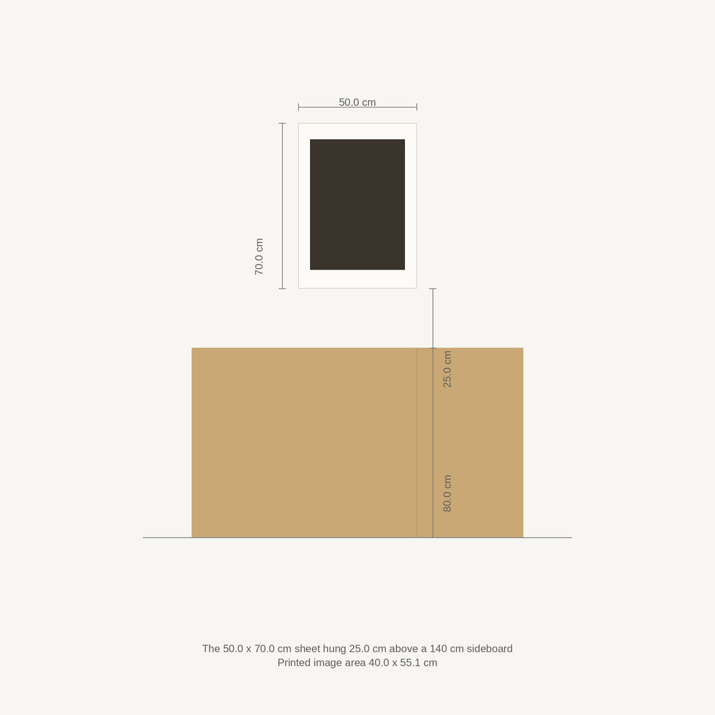 Scale diagram: the 50 x 70 cm sheet hung 25 cm above a 140 cm sideboard, printed image area 40.0 x 55.1 cm