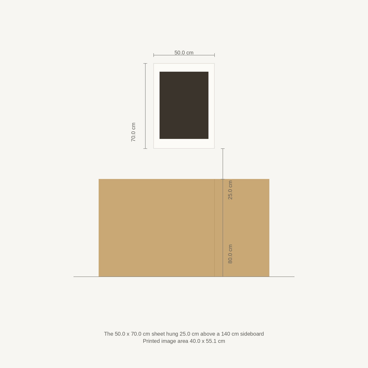 Scale diagram: the 50 x 70 cm sheet hung 25 cm above a 140 cm sideboard, printed image area 40.0 x 55.1 cm