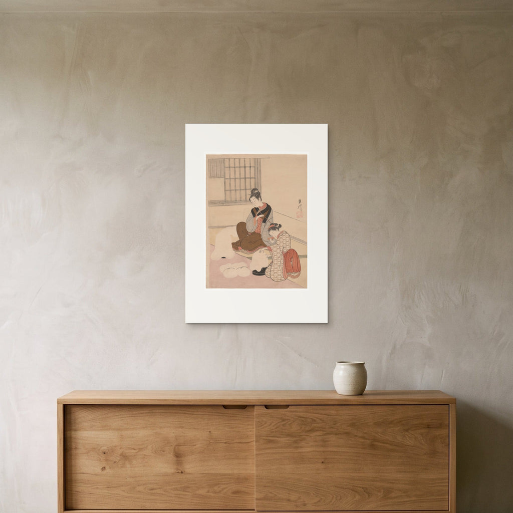Harunobu, Evening Snow on a Floss Shaper — the 50 × 70 cm print hung above a sideboard, for scale