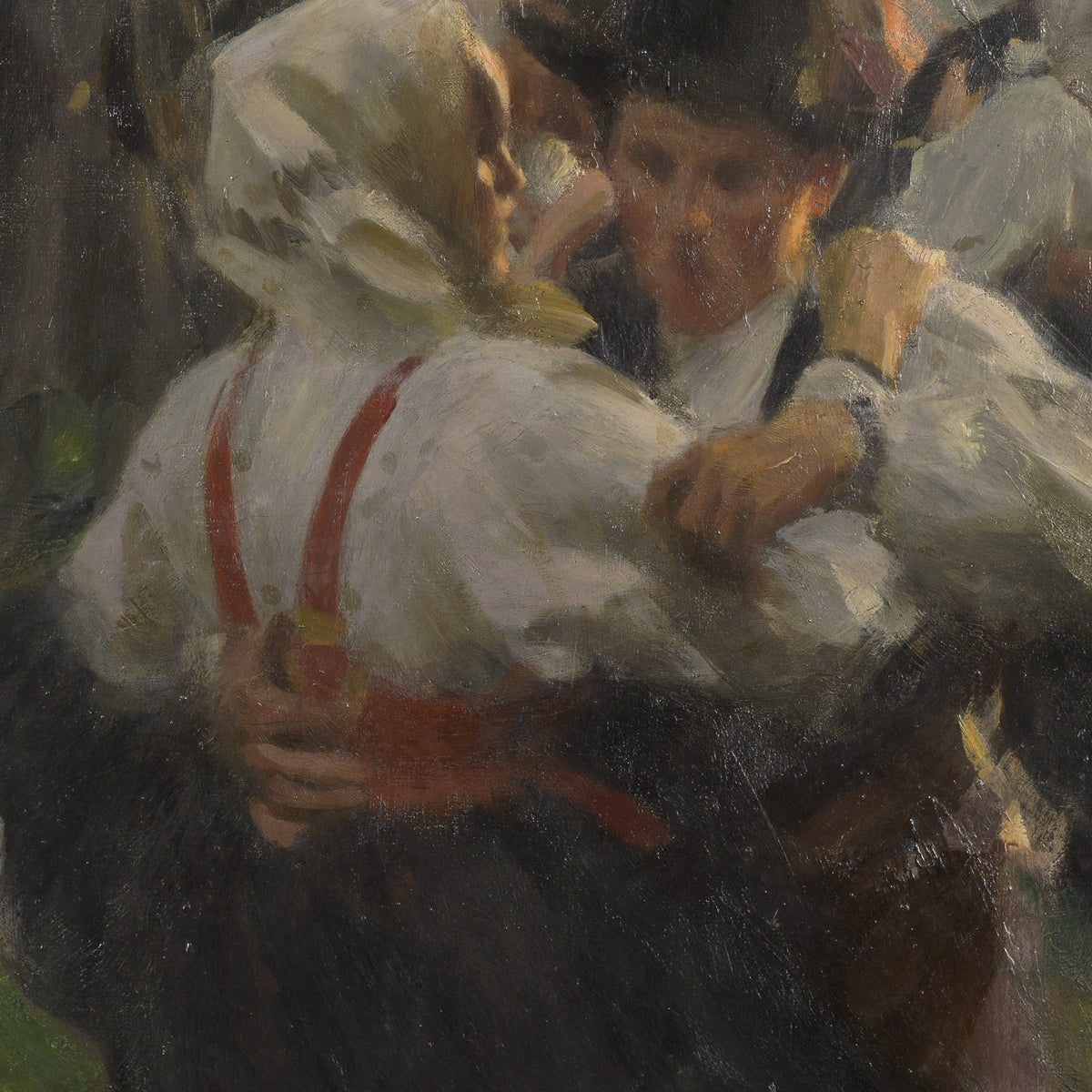 Detail of the dancers' faces, red suspenders and clasped hands, printed at 1:1
