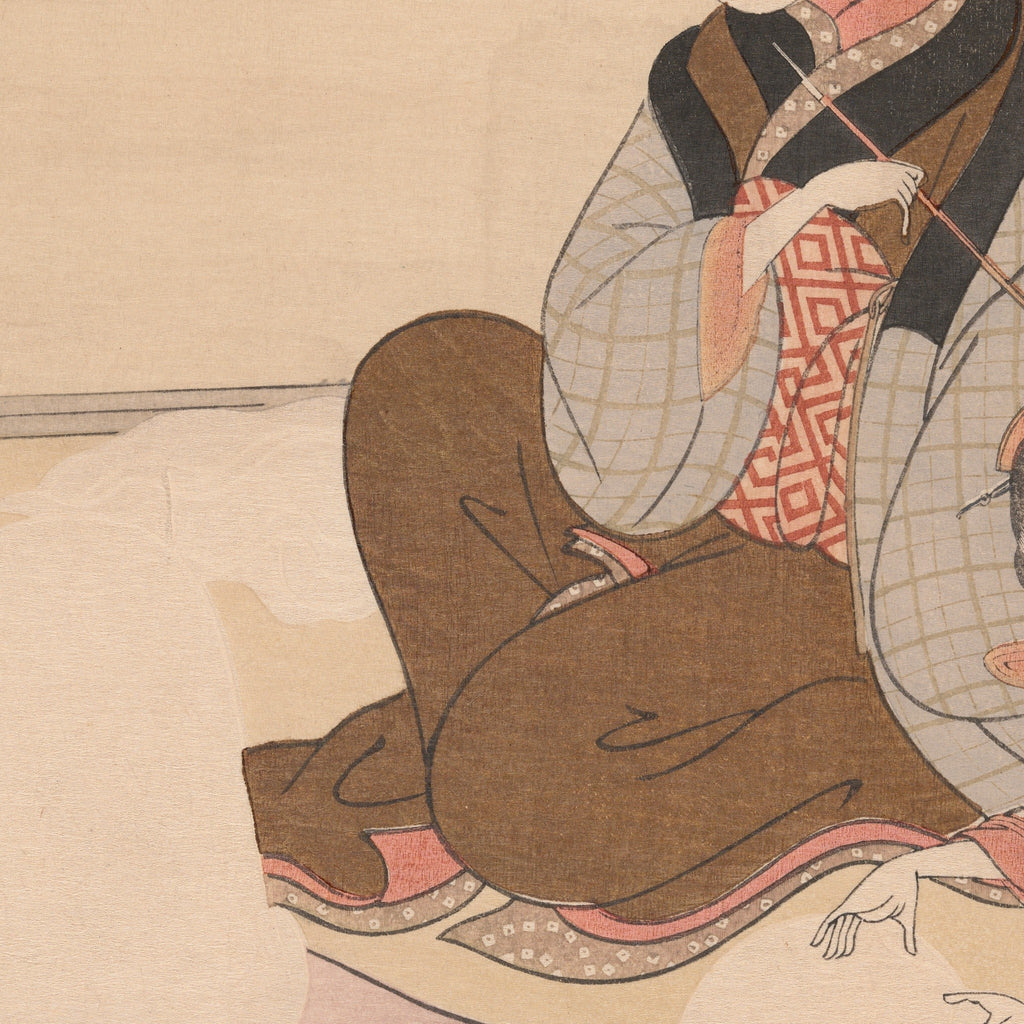 Detail at actual print size on the 50 × 70 cm sheet: Harunobu, Evening Snow on a Floss Shaper