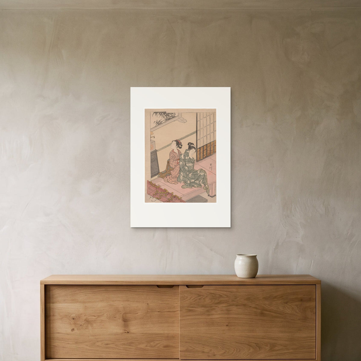 Harunobu, The Evening Bell of the Clock — the 50 × 70 cm print hung above a sideboard, for scale