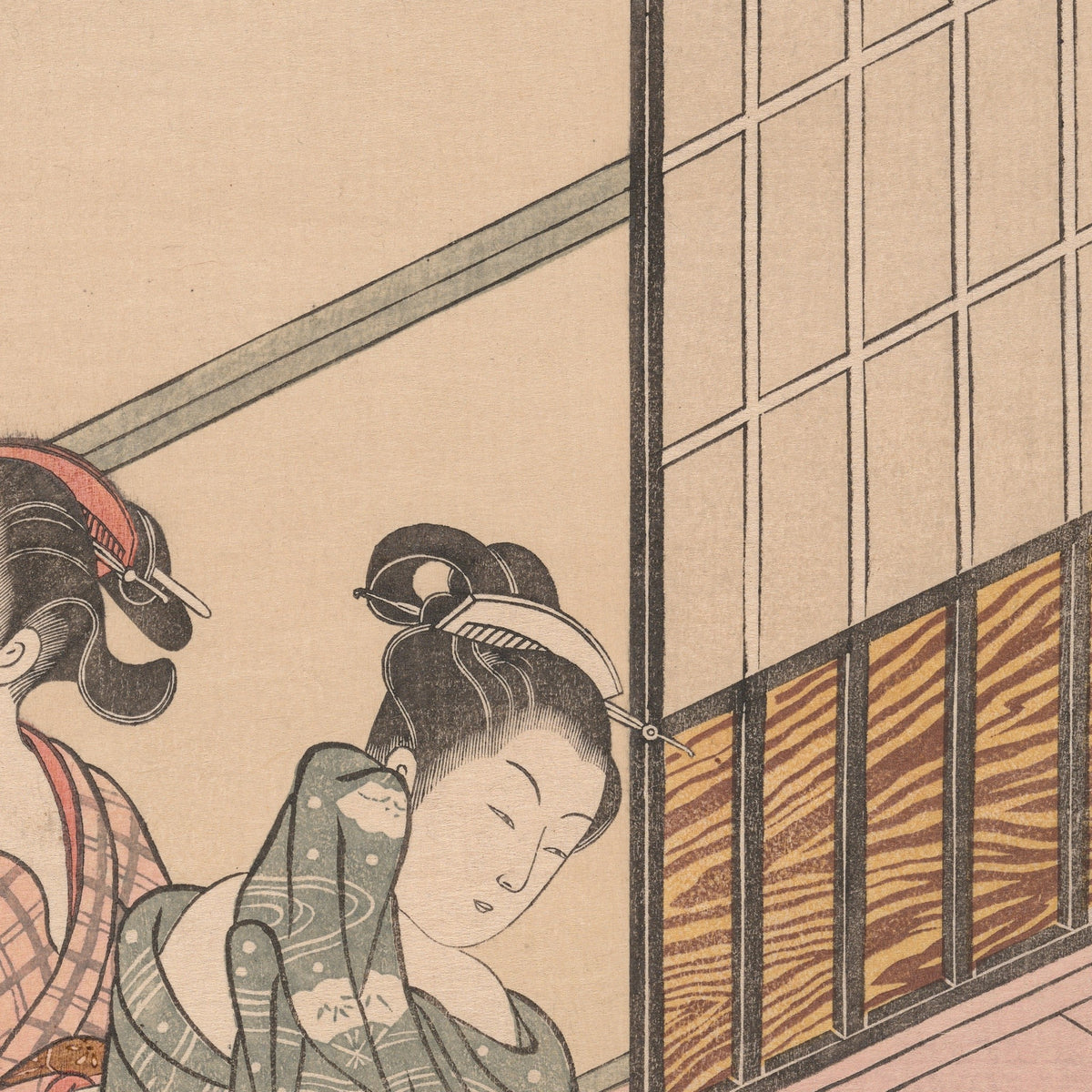 Detail at actual print size on the 50 × 70 cm sheet: Harunobu, The Evening Bell of the Clock