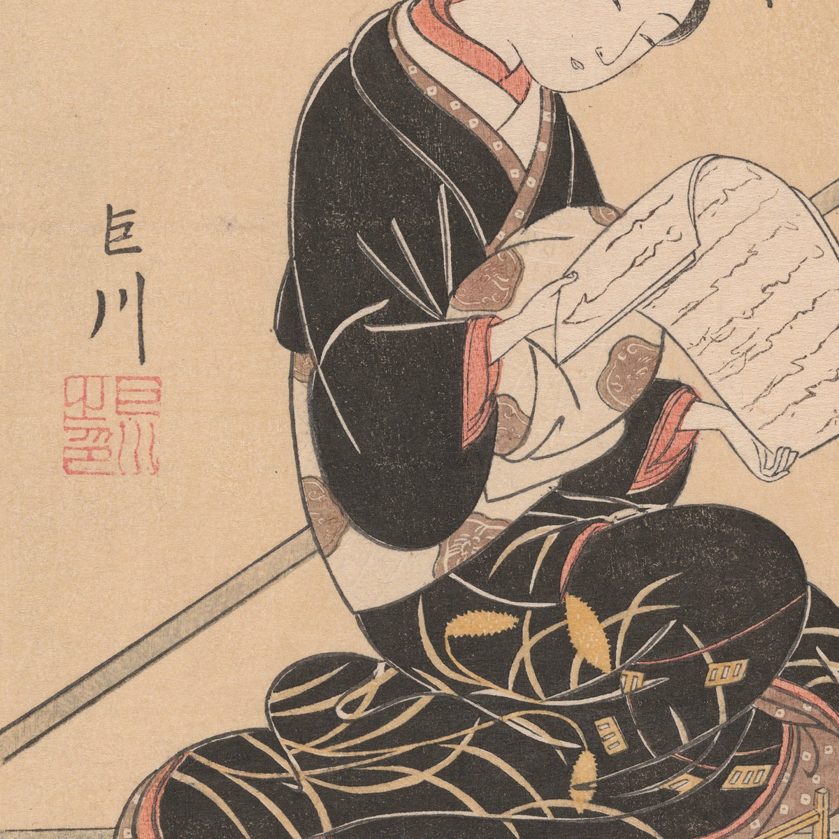 Detail at actual print size on the 50 × 70 cm sheet: Harunobu, The Evening Glow of a Lamp