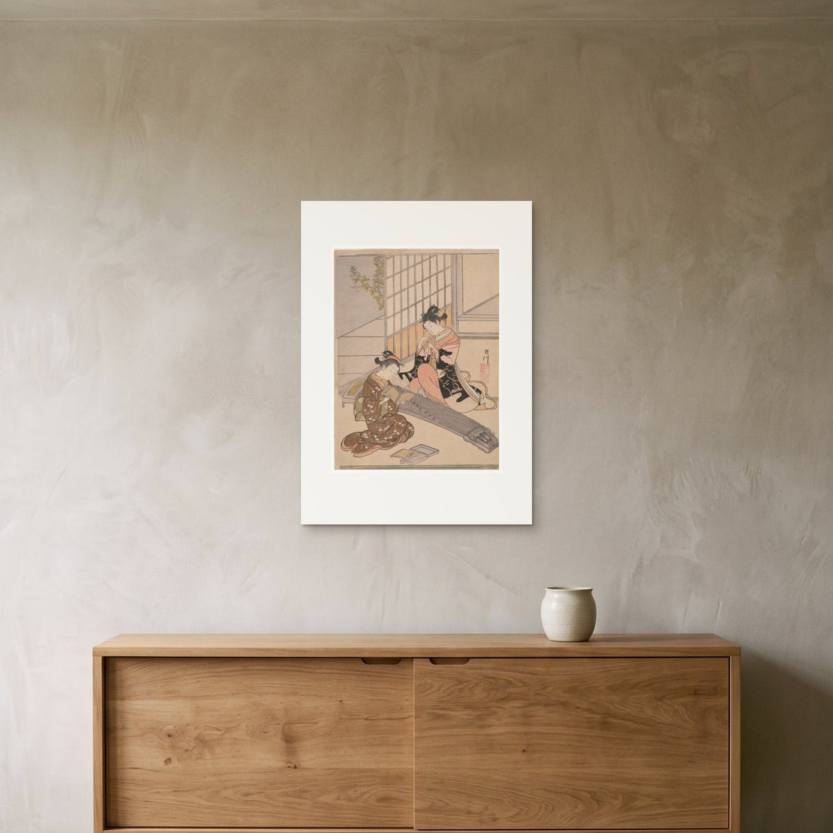 Harunobu, Descending Geese of the Koto Bridges — the 50 × 70 cm print hung above a sideboard, for scale
